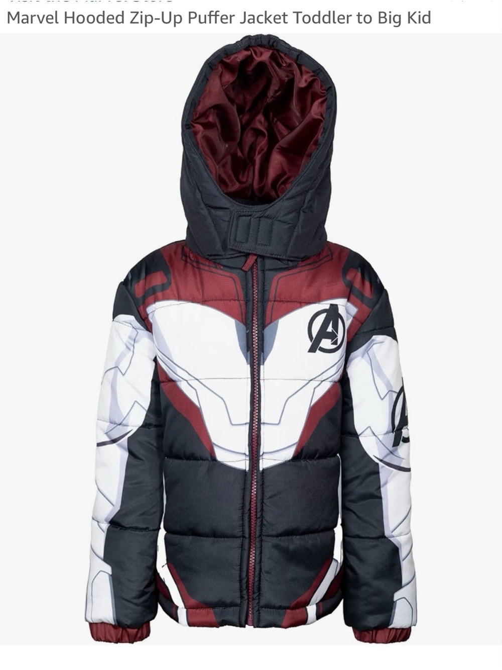 Marvel Kids Hooded Superhero Puffer Jacket in Burgundy, Black & White